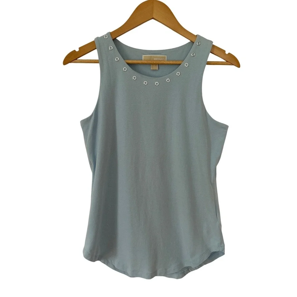 MICHAEL Kors Grommet Tank Top S Baby Blue Built In Bra Cotton Y2K Indie Sleaze